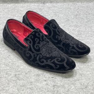 Imperial by Globefootwear Mens 13 Slip On Black Velour Loafers 6910 Embroidered